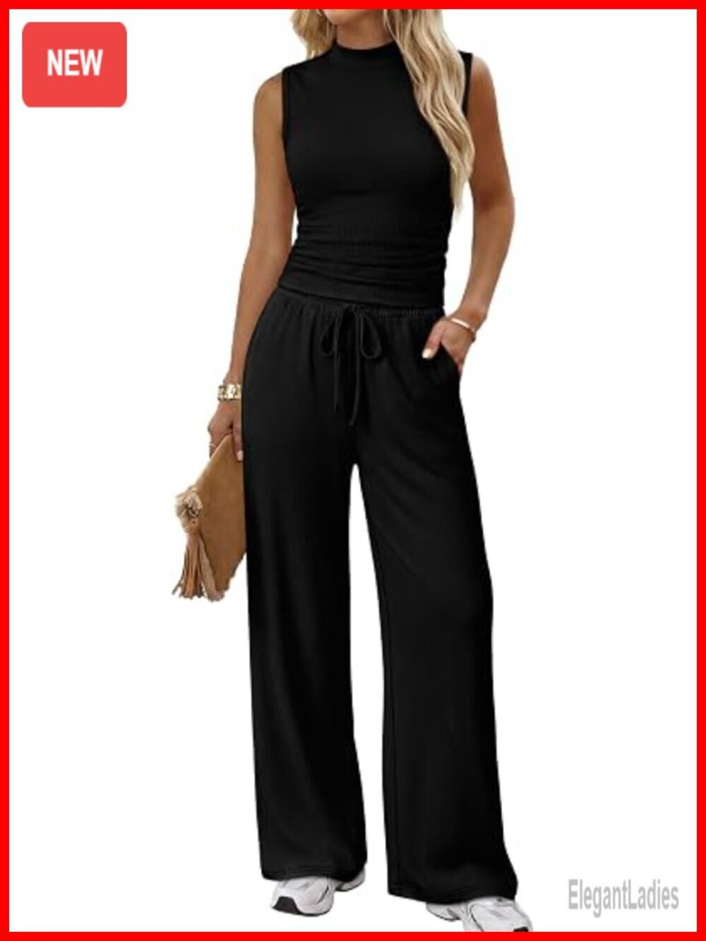 Two Piece Lounge Set Mock Neck Sleeveless Top Wide Leg Pants with Pockets
